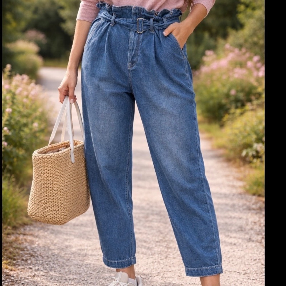 Polo Ralph Lauren‎ Paperbag Waist Jeans Medium Wash Blue Belted Tapered Size 29